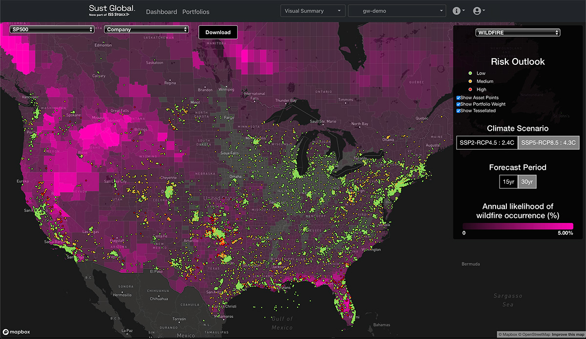A view of Sust Global’s dashboard, showing wildfire risk to energy generation assets owned by publicly-owned US Utilities.
