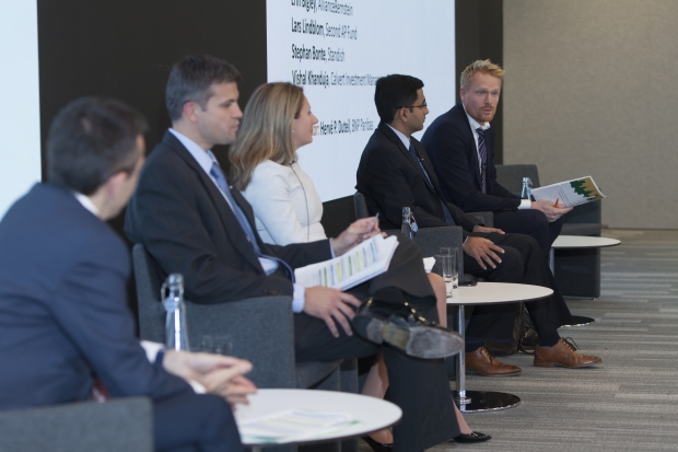 L - R: Hervé P. Duteil, BNP Paribas; Stephan Bonte, Standish; Erin Bigley, AllianceBernstein; Vishal Khanduja, Calvert IM; Lars Lindblom, Second AP Fund